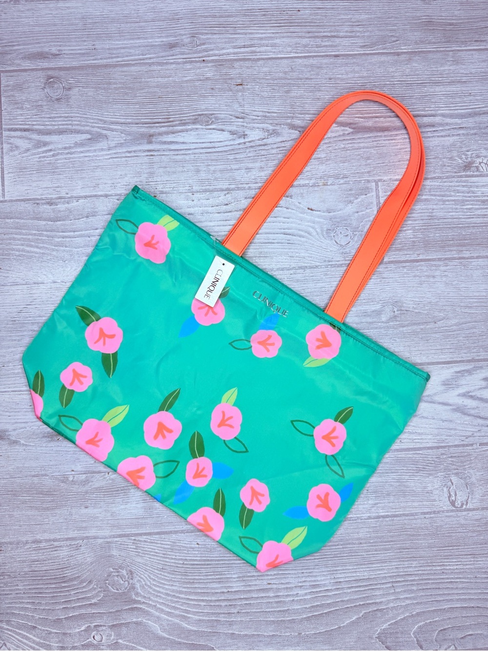 NWT Clinique Green Floral Tote Bag Pink Handles Large Travel beach purse